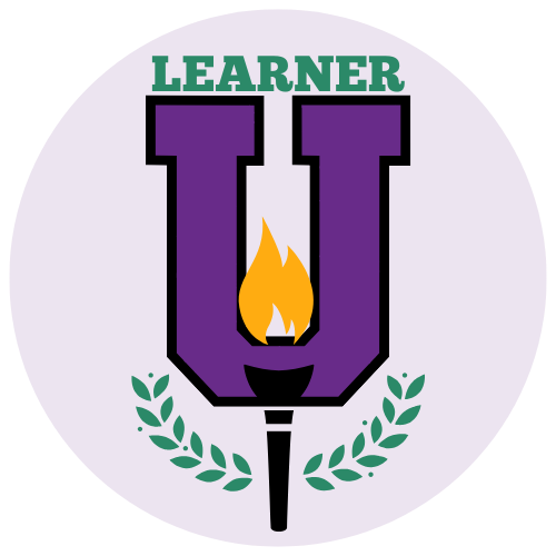 Company logo a large letter U with a torch in front of it. The word learner appears above the U.