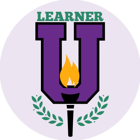 The Learner U logo. A large letter U with the word Learner above it. Over the letter is a torch.